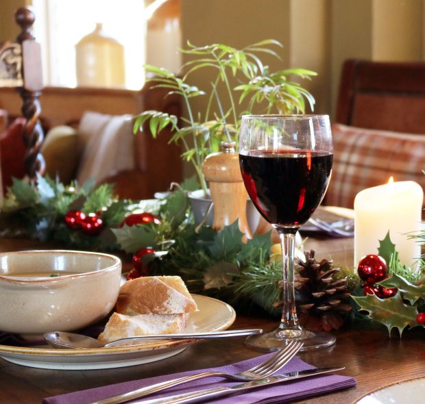 Soup and bread with red wine