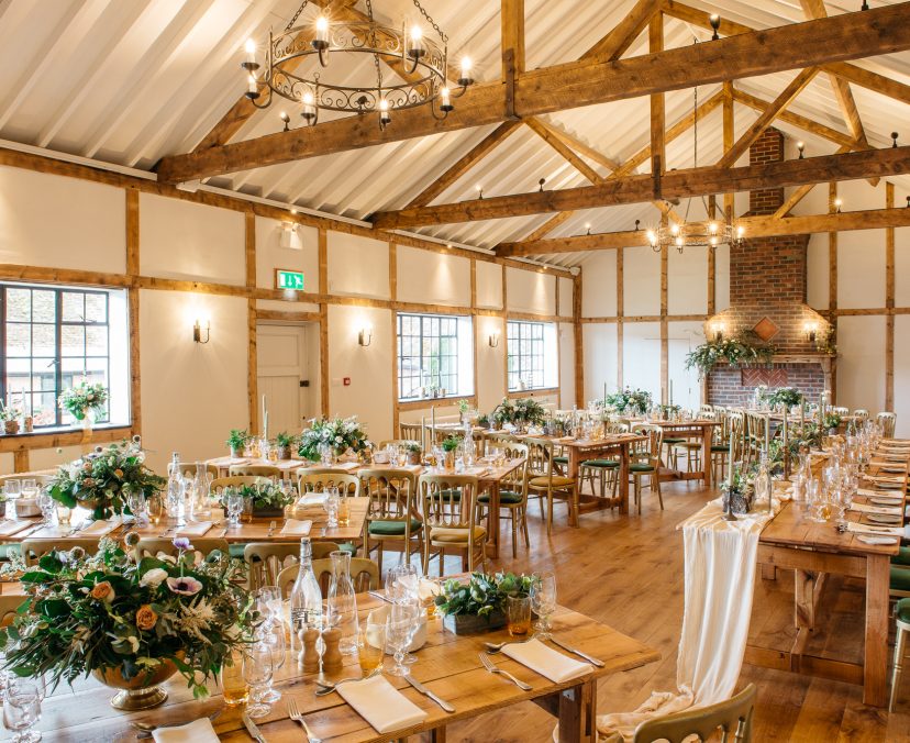Wedding reception with beams and flowers